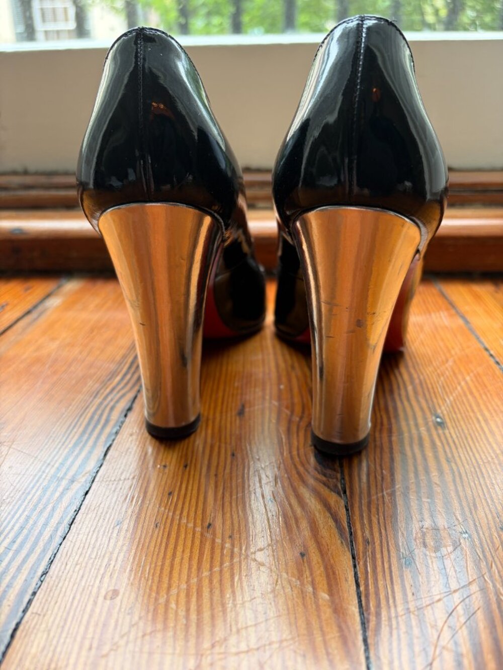 Vintage Rare Christian Louboutin Black Patent Leather Block Silver Heels - Picture 6 of 16